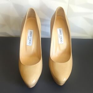 Jimmy Choo Alex Platform in Glossy Nude Beige Patent Leather Pump Heel 38.5 EU